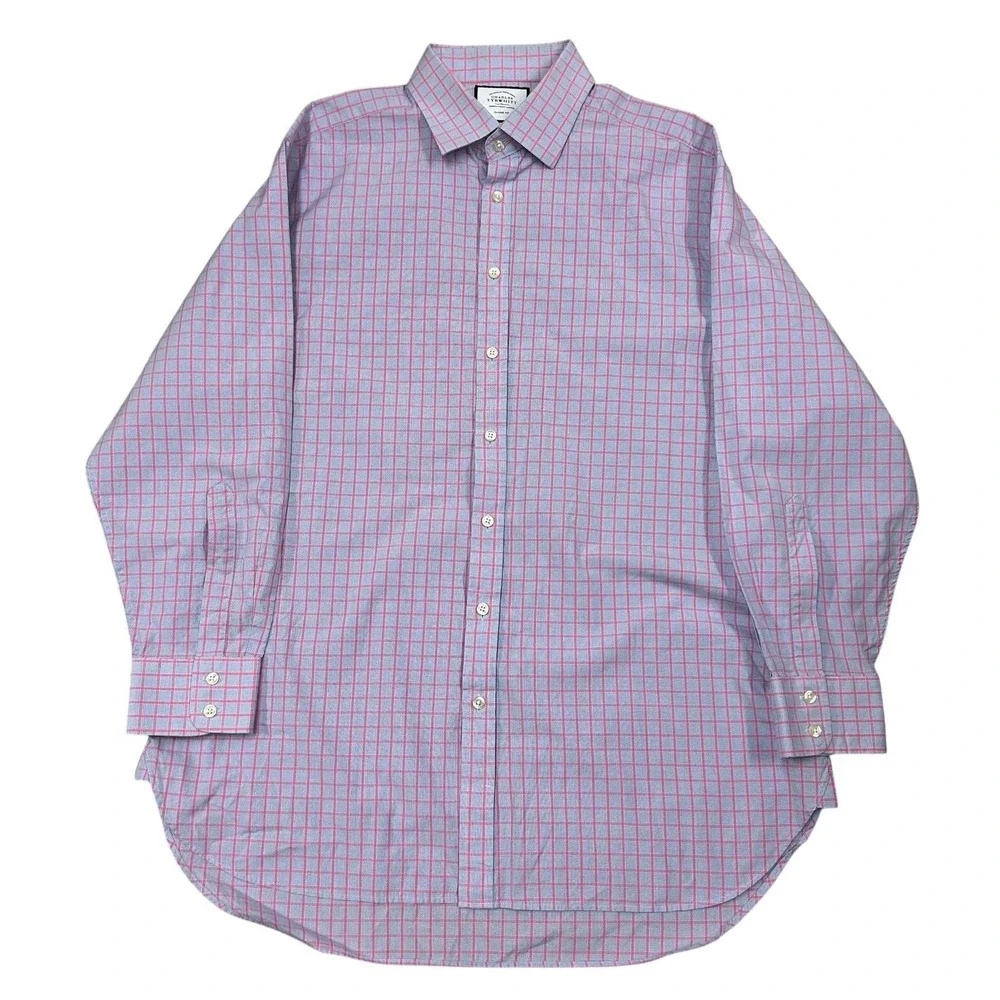 Charles Tyrwhitt Dress Shirt Mens‎ 17.5 34 Classic Fit Pink Blue Plaid Cotton